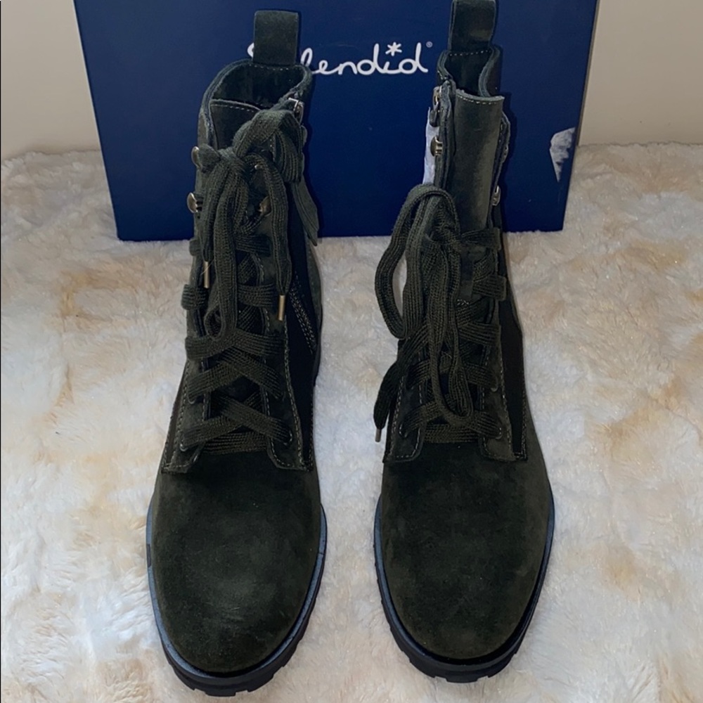 Hermilla Dark Green Combat Boots Size 7.5 – Suede & Canvas Lace-Up Ankle Boot - Picture 4 of 14